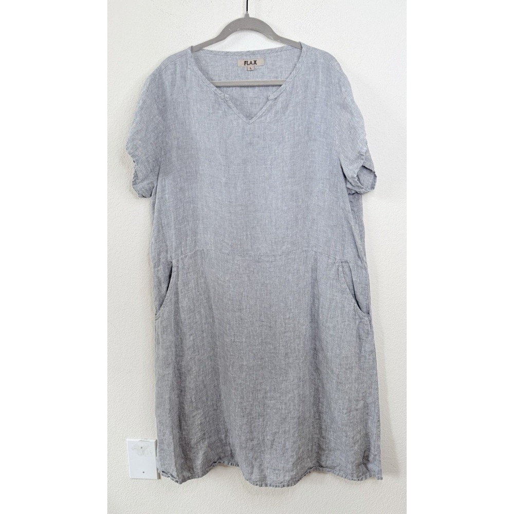 FLAX Linen Dress Women's L Gray V-Neck Short Sleeve Pocket Lagenlook Minimalist